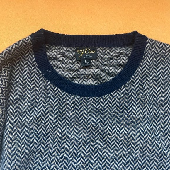 J Crew 100% Cashmere Herringbone Jacquard Crewneck Sweater in Tan & Blue Size L - Picture 2 of 3
